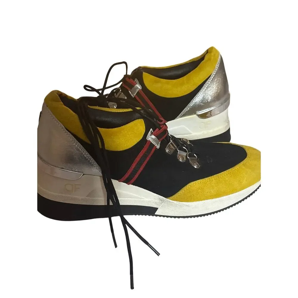 Yellow Black Suede Platform Sneakers Lace-Up Shoes Anne Fontaine US 6.5